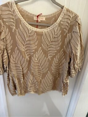 Solitaire Beige and Cream Leaf-Pattern Blouse